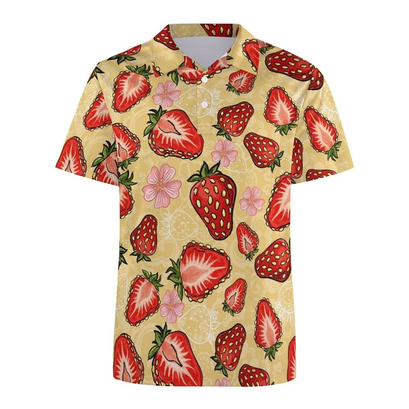 Strawberry Polo Shirt For Men Summer Casual 3d Printed Fruit Short Sleeves Button T-shirt Oversized Street Trend Tee Shirts