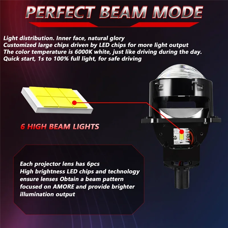 3 Inch Bi LED Projector Lens White Headlight Halo Lights For H4 H7 9005 9006 10000LM 6000K High Low  LHD