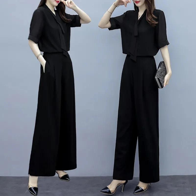 Elegant Women Outfits Spring Summer Wide Leg Pants Black Suits OL 2 Piece Sets Korean Loose Tops And Trousers Female Casual 2PCS