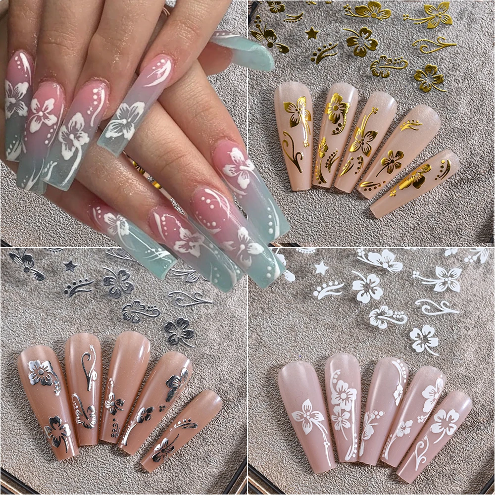1pcs 3D Hibiscus Flower Nail Art Stickers Self-Adhesive Holographic Gold Silver White Flower Nail Decals DIY Manicure Art Decora