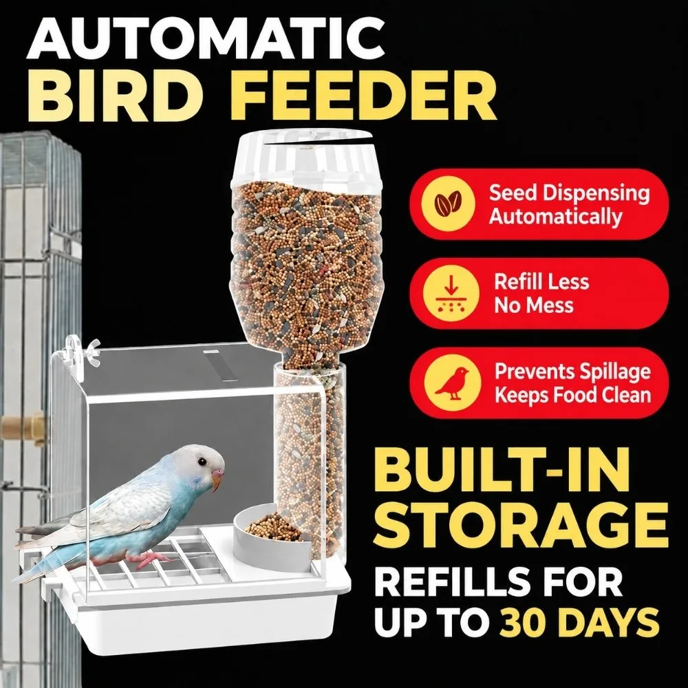Large Capacity Bird Feeder Splatter Proof Auto Dispense Automatic Bird Feeder Husk Separation Long Food Box Parrot Feeder