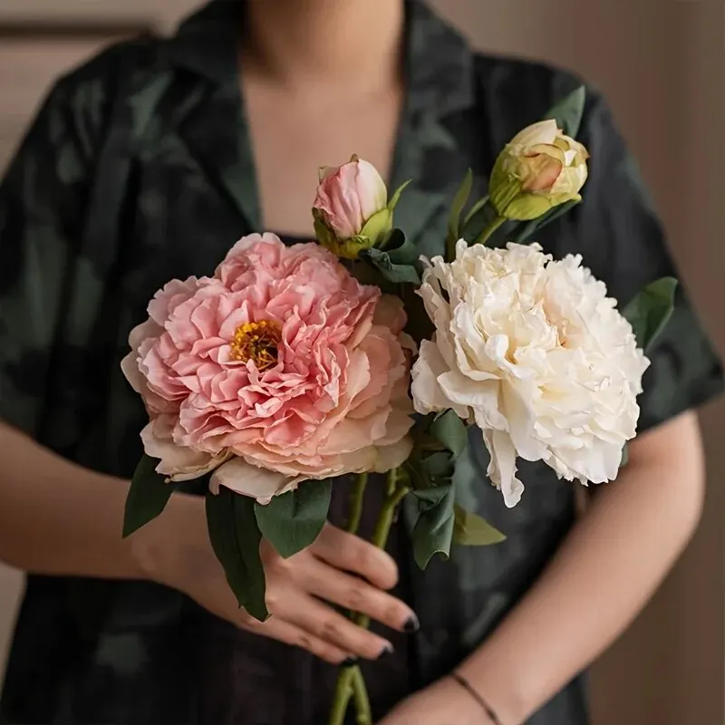Pfingstrosen-Simulationsblumen, künstliche Blumendekorationen für Zuhause und Wohnzimmer, Esstisch-Dekoration mit getrocknetem Blumenstrauß – Detail 1
