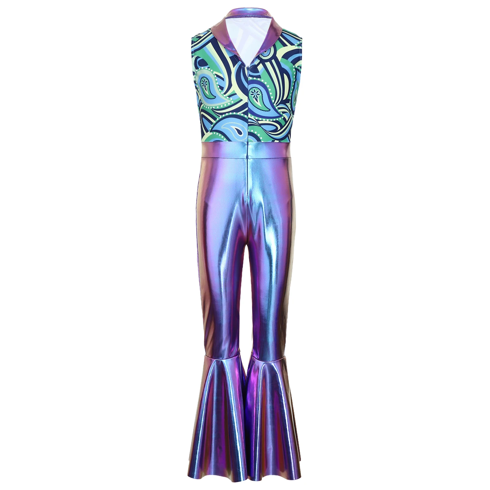 Kids Boys Shiny 70s Disco Flared Jumpsuit Halloween Print Hippie Costume Metallic Bell Bottom Pants Jazz Dance Rompers Dancewear view 4