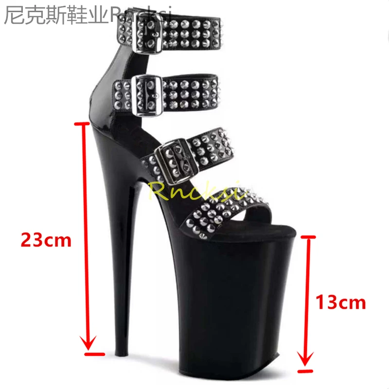 23cm Super high heels evening pole dancing sandals women\'s stiletto rivet with super high waterproof platform sandals