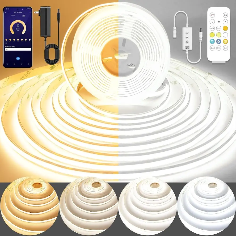 

Dimmable 2700K-6500K CCT LED Strip Light, 65t/20m, 8mm Wide, CRI90+, 24V Kit with Bluetooth APP/Music Control for Home Lighting