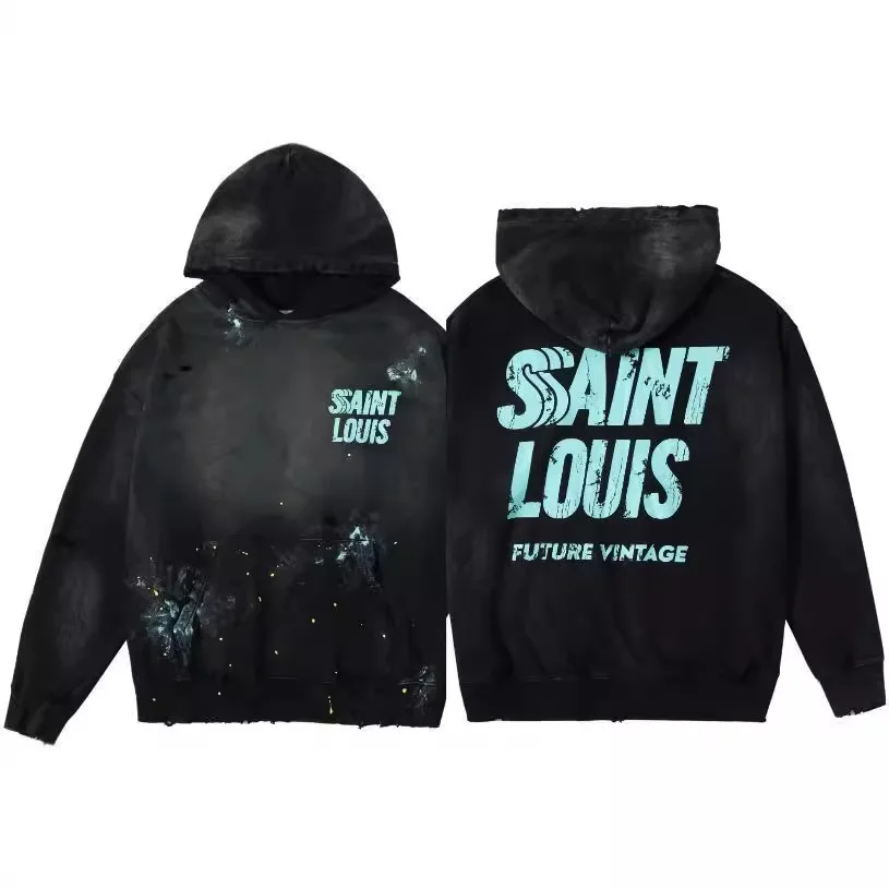 

SSSAINT LOUIS 2026 Ink Wash Vintage Letterprint Hooded Pullover Sweatshirt - Men's and Women's Trendy Brand