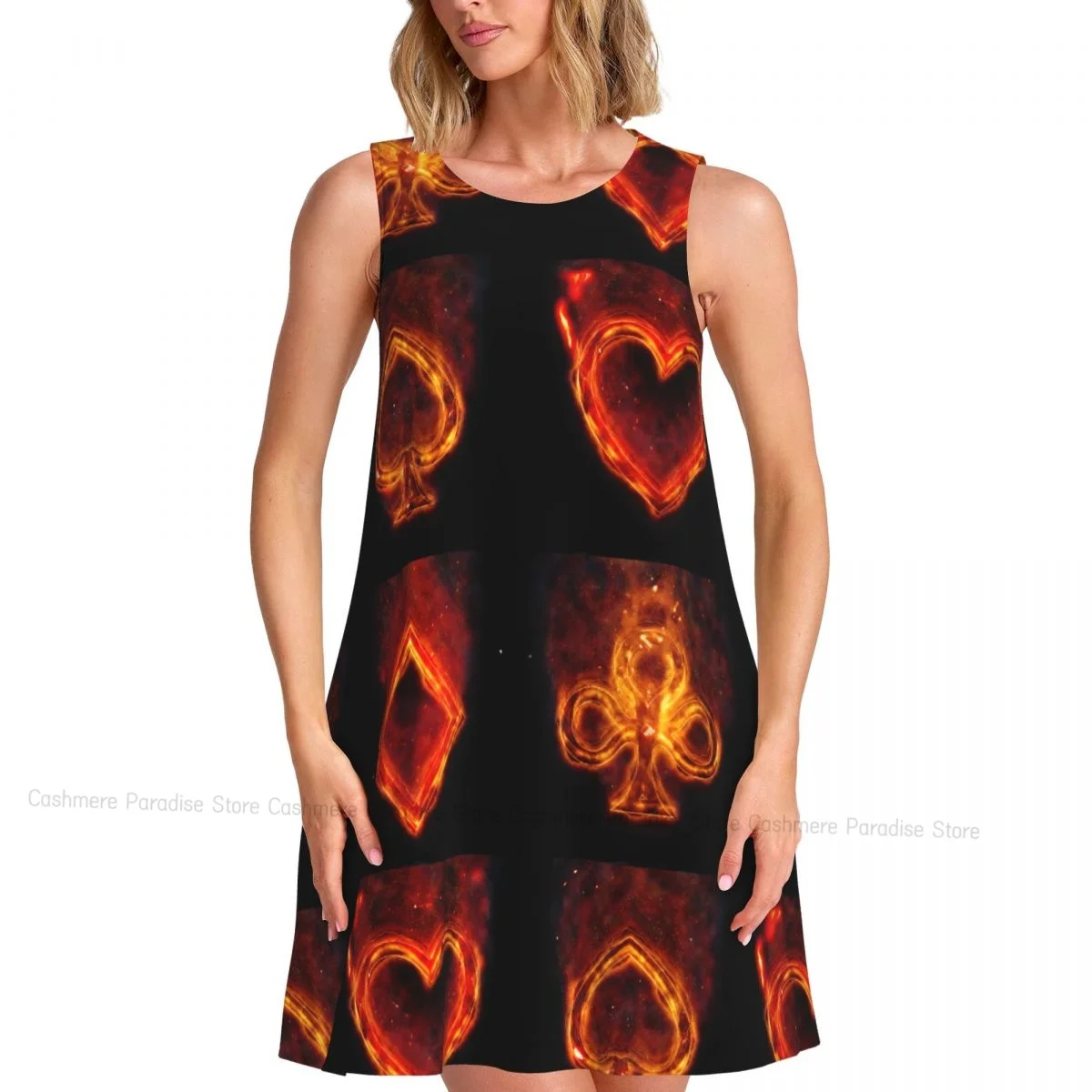 ชุดเดรสผู้หญิง Fire Card (2) ชุดเดรสเสื้อยืดลําลองฤดูร้อนชายหาดชุดเดรสถัง