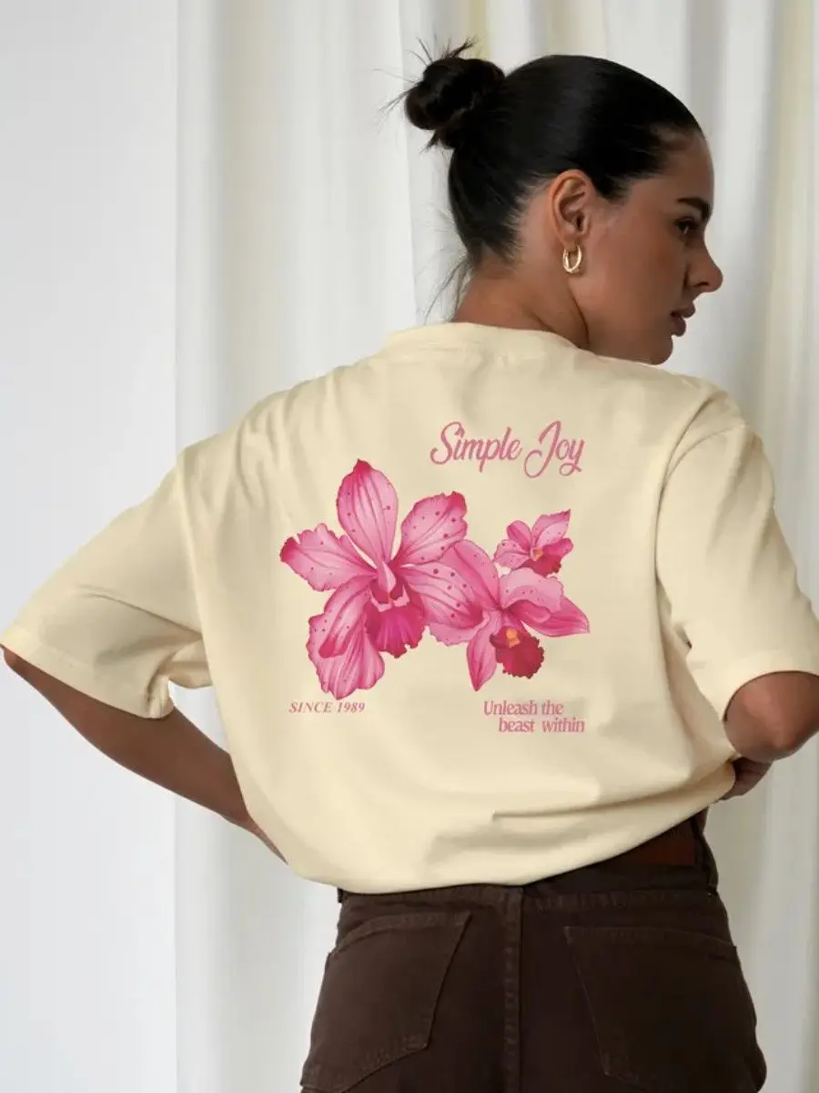 Retro 100% Pure Cotton American Pink orchid Summer New Cute Casual Women's Oversize T-shirt image 4