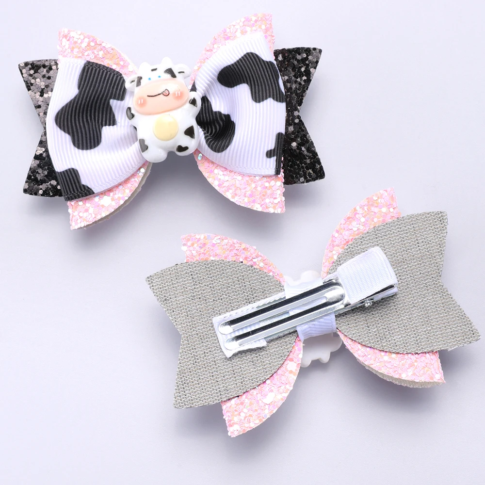 2PC Girls Cow Print Glitter Bow Hair Clips Cute Cow Bow Grosgrain Ribbon Bow Clips Girls Hair Accessories Headwear Hair Clip image 3