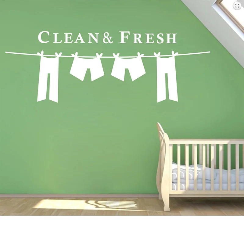 Clean and Fresh Laundry Wall Decal, Clothesline Sticker for Bathroom Laundry Room, Self-Adhesive Vinyl Home Decor Art Poster