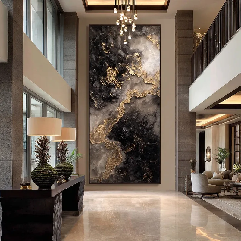 Impressionist Large Scale Black and Gold Abstract Painting Bold Strokes Heavy Textured Canvas Art for Corporate Reception Area