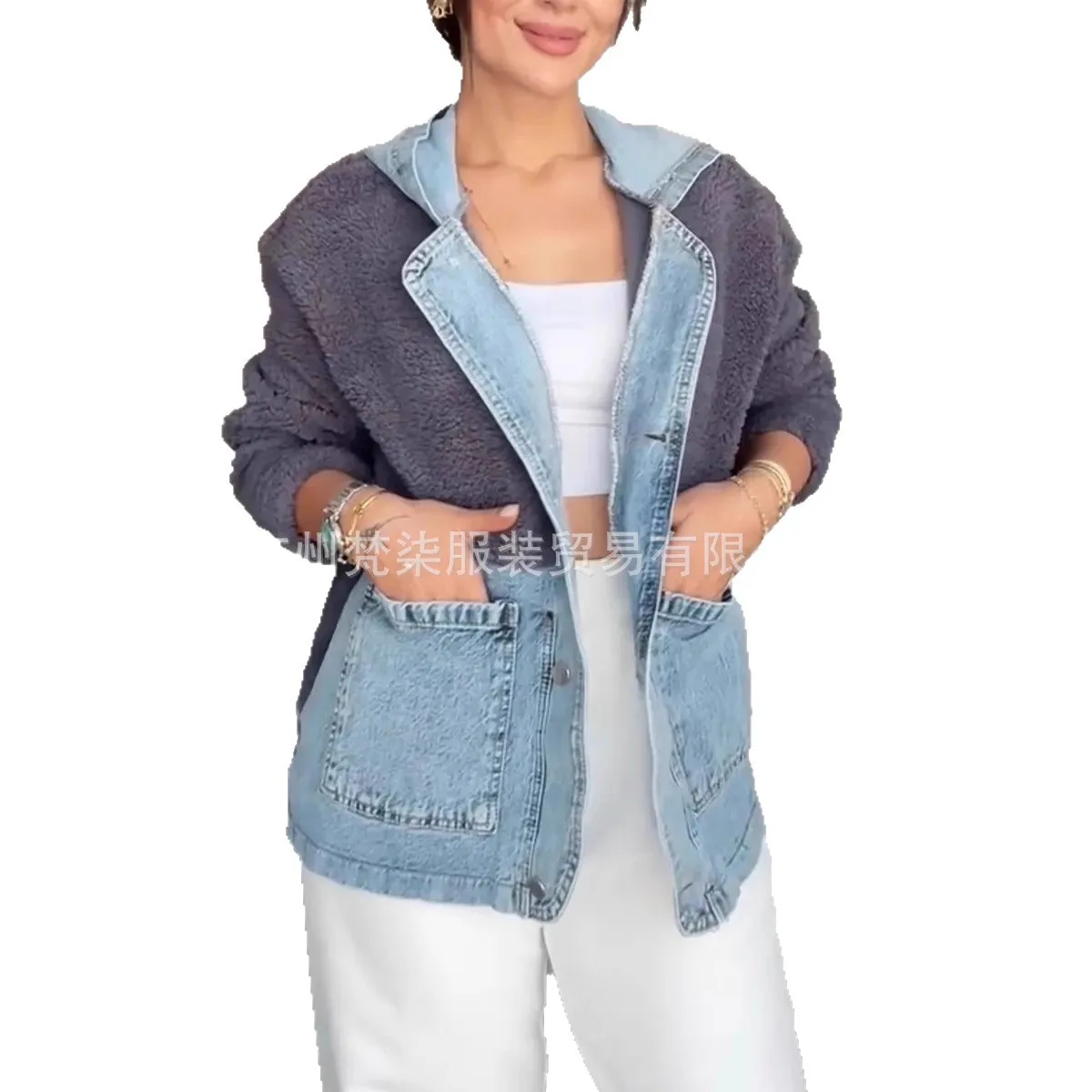 

2025 New Fashion Hooded Button Long Sleeve Jacket Women Winter Casual Color-blocking Pocket Denim Jacket For Women