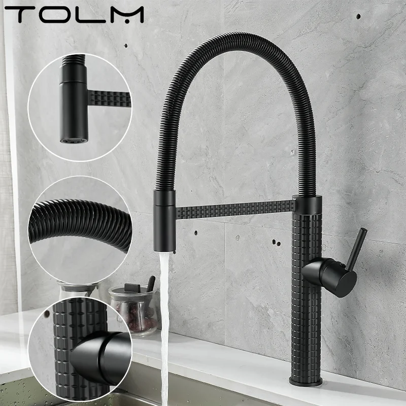 

TOLM Kitchen Sink Faucet Brushed Nickel Polished Chrome Brass Pull Out Single Handle Swivel Spout Container Sink Mixer Faucet