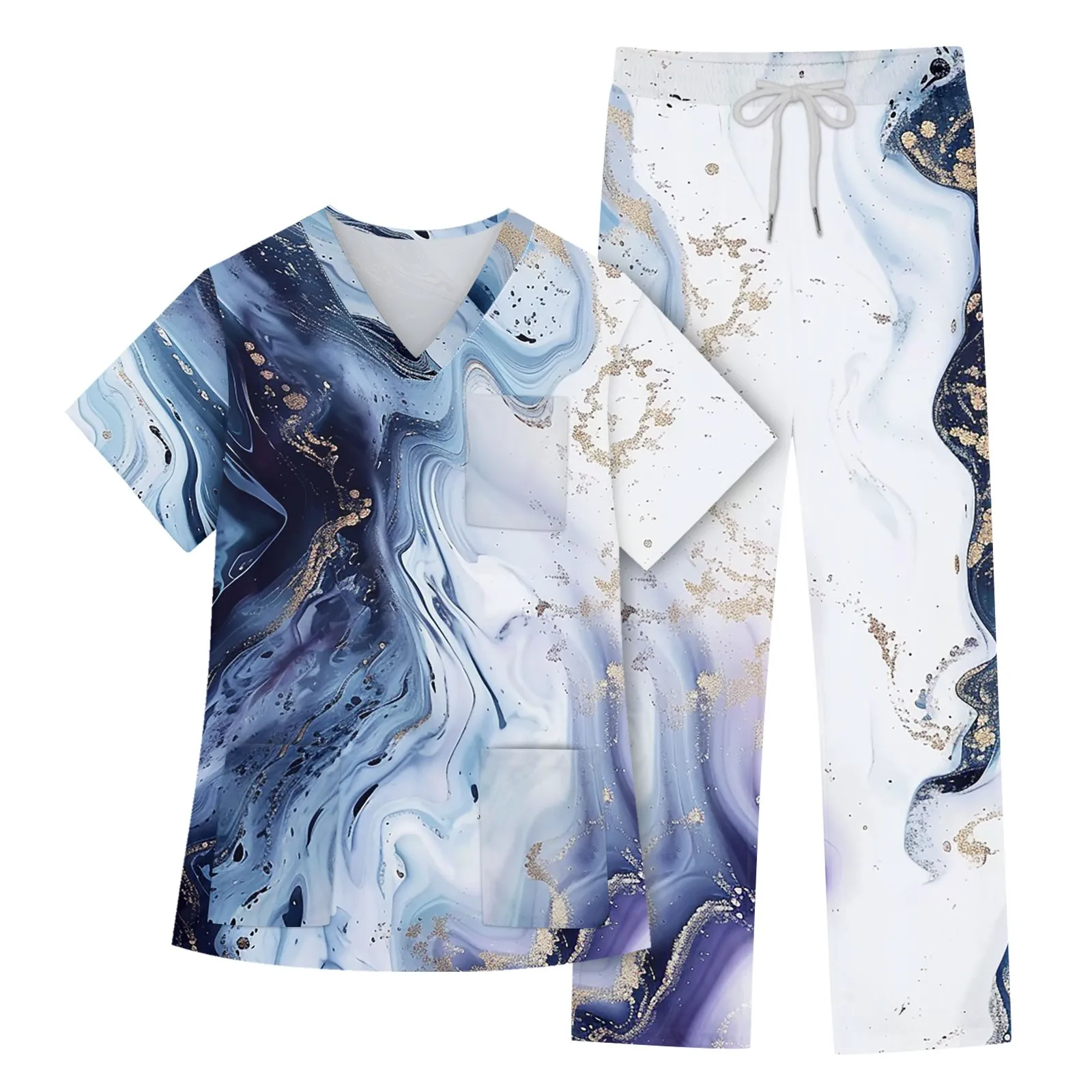 Nurse Uniform Women Nursing Scrubs Tops Pants Set Short Sleeve Marble Print Working With Pockets Top Uniform Nursing Workwear