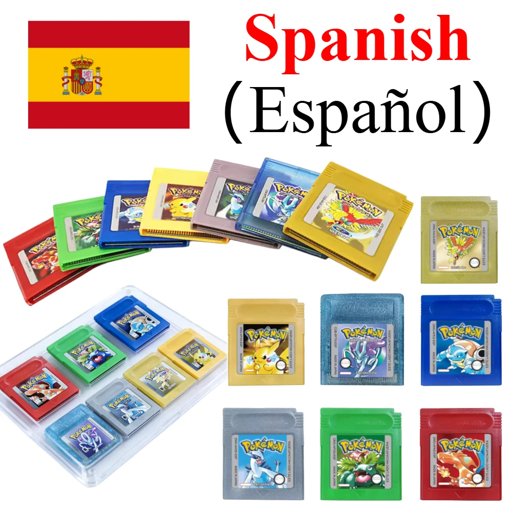 Spanische ESP-Version 16-Bit-Videospielkonsolen-Cartridge GBC-Spielkarte Pokémon-Serie Blau Kristall Gold Grün Rot Silber Gelb