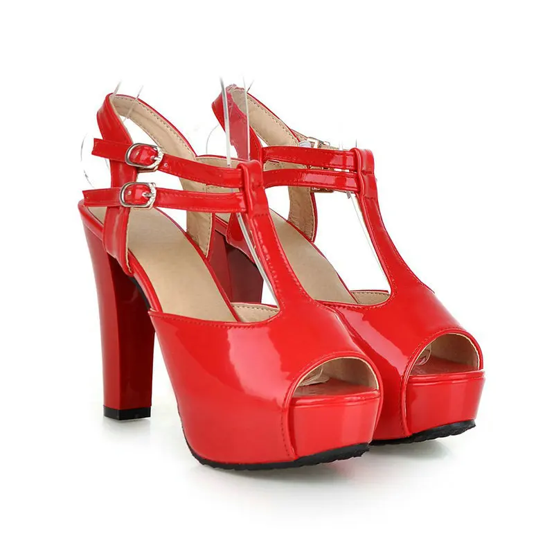 

Женские летние туфли-гладиаторы из искусственной кожи (красно-черные) с Т-образным ремешком, открытым носком, на толстом высоком каблуке, для свадьбы и вечеринок