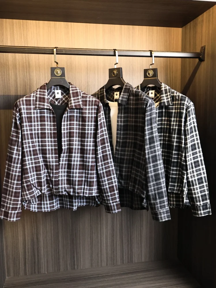 Retro Academic Style Long Sleeve Loose Fit Plaid Men's Shirt  Line Fashionable Urban Standard Fit Breathable Polyester