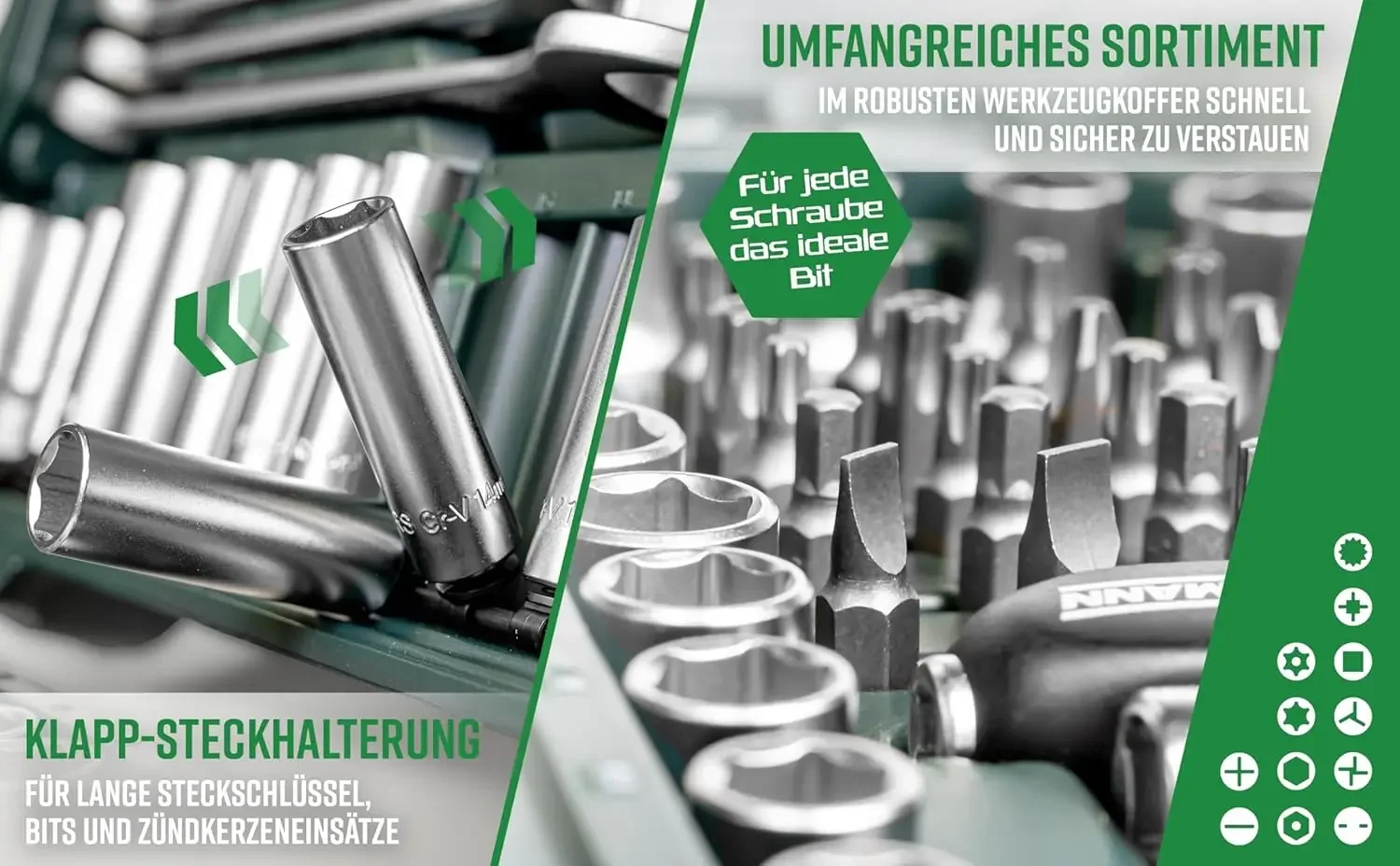 Mannesmann M98430 - Maletín con llaves de vaso yastas Herramientas (215 قطعة، حجم: 12x36x51 سم)، اللون Verde Mannesmann