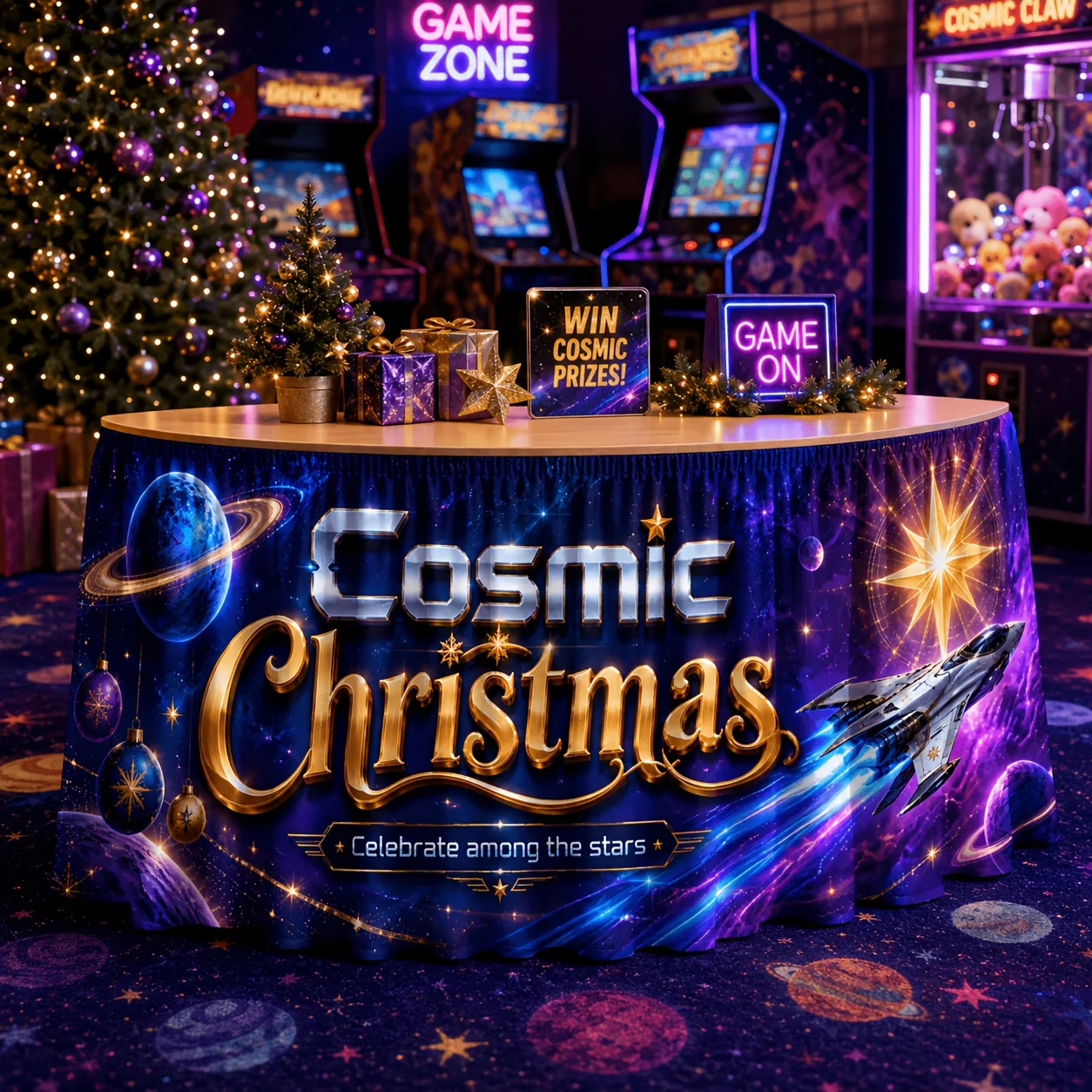 1 tablecloth table skirt, cosmic Christmas galaxy space table cover, silver gold metallic font.