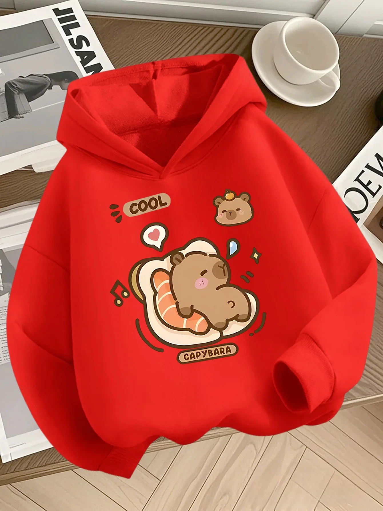 Kids Kawaii Capybara On Toast Hooded Sweatshirt Autumn Winter Fleece Lined Cute Cartoon Graphic Warm Casual Pullover