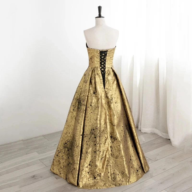 Customized Evening Dress Elegant Sequins Lace Up Floor Length Sleeveless A-Line Strapless Simple Gold Women party Dresses