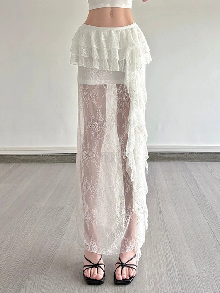Pure Desire Lace Half Skirt Women's Summer Overlap Hemming Tulle Cover Skirt White Curtain Long Skirt Korean Style A-Line