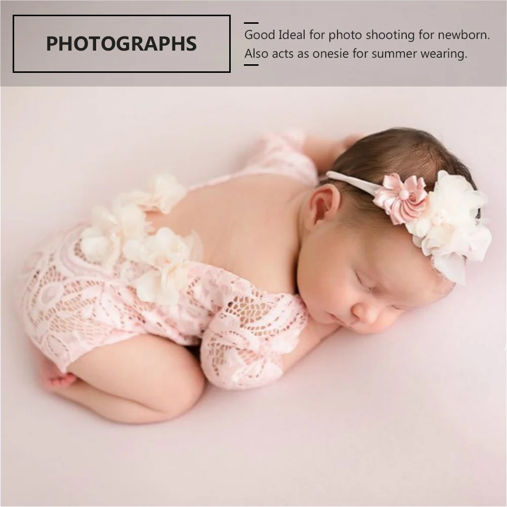 ثوب فضفاض من الدانتيل للأطفال حديثي الولادة، فستان وردي اللون، ملابس للتصوير الفوتوغرافي اللامع، رومبير ناعم ومريح وعصابة رأس #3
