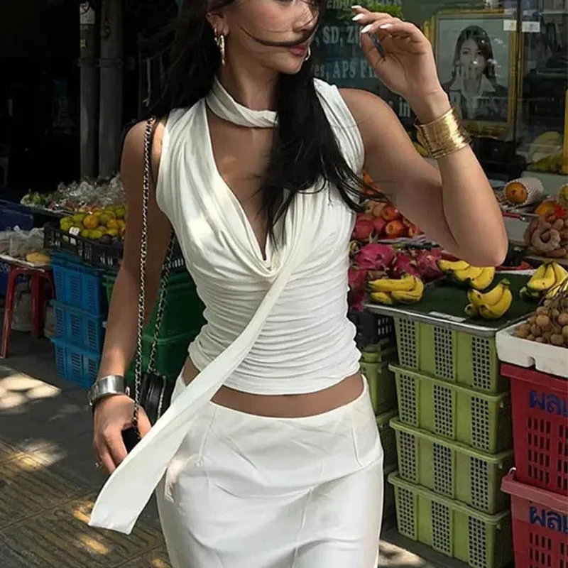 

Женский сексуальный женский топ без рукавов с v-образным вырезом, однотонная майка, летняя новая модная повязка, уличная одежда, повседневная тонкая майка, элегантная трикотажная одежда