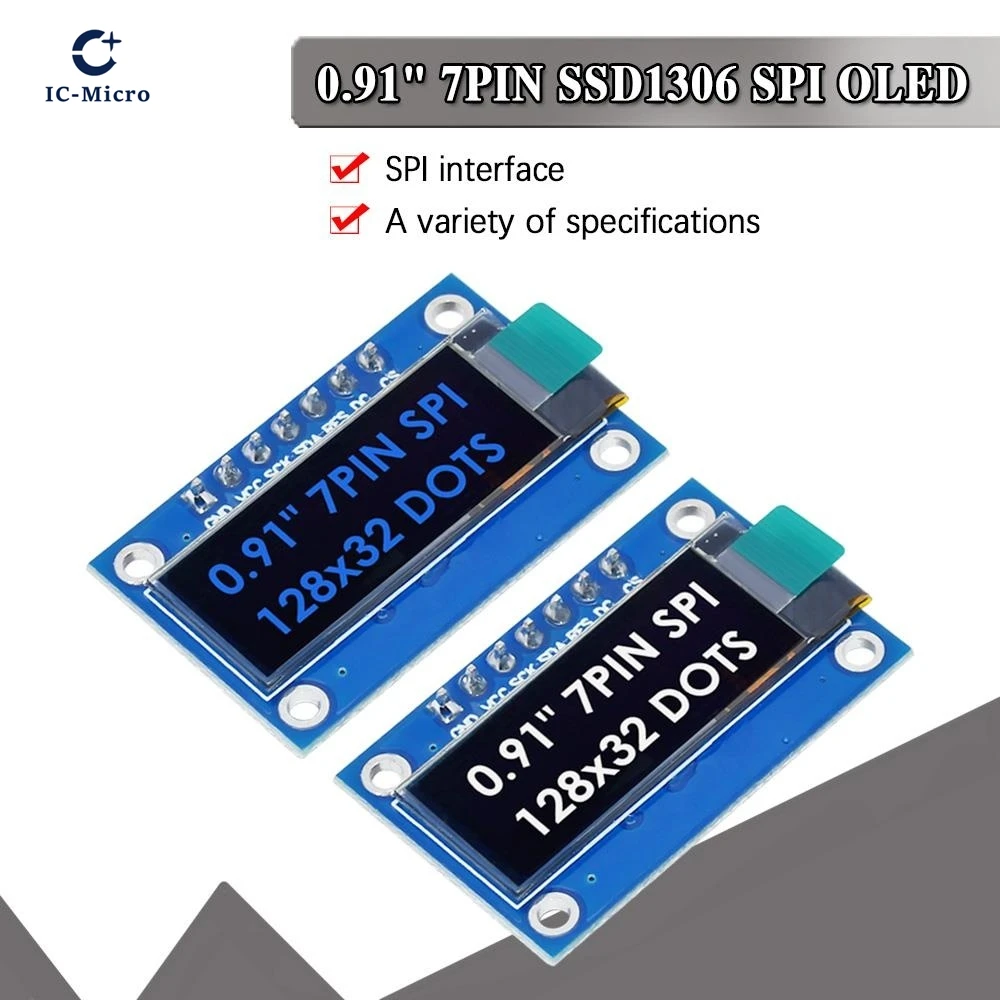 SSD1306 7PIN 0.91inch 128x32 SPI OLED Module 0.91" OLED Display Module White Blue OLED Screen Board For Arduino