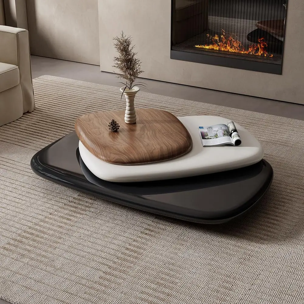 Mesa de Café Moderna Rotativa de Madeira para Sala de Estar, Mesa de Café de Madeira de 55,12" para Sala de Estar em Nogueira, Totalmente Personalizada