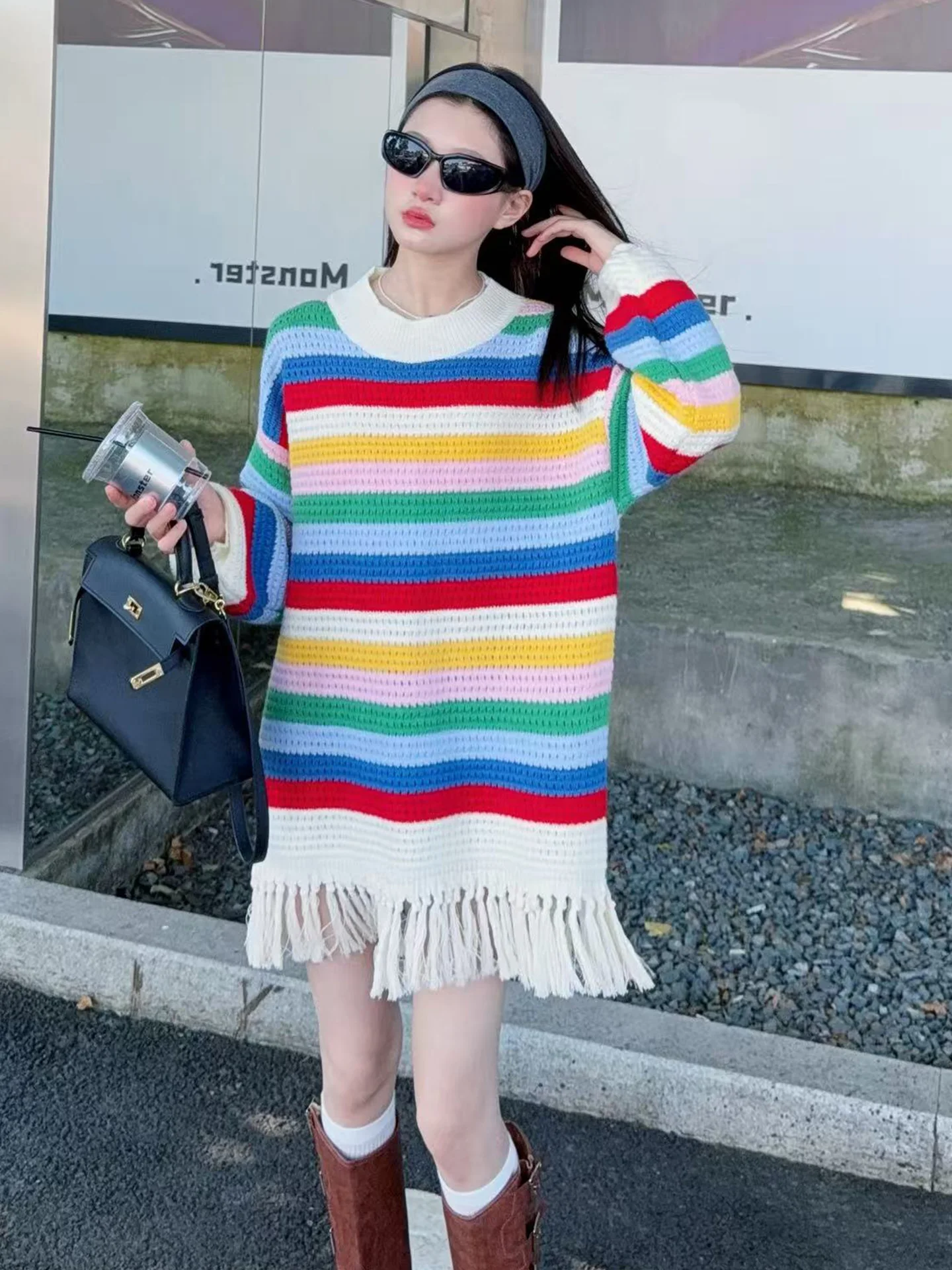 Spring Autumn Knitwear for Girls Tassel Trimmed Color Blo Striped Sweater Mid-Length round Ne Long Sve Warm Commute Sle