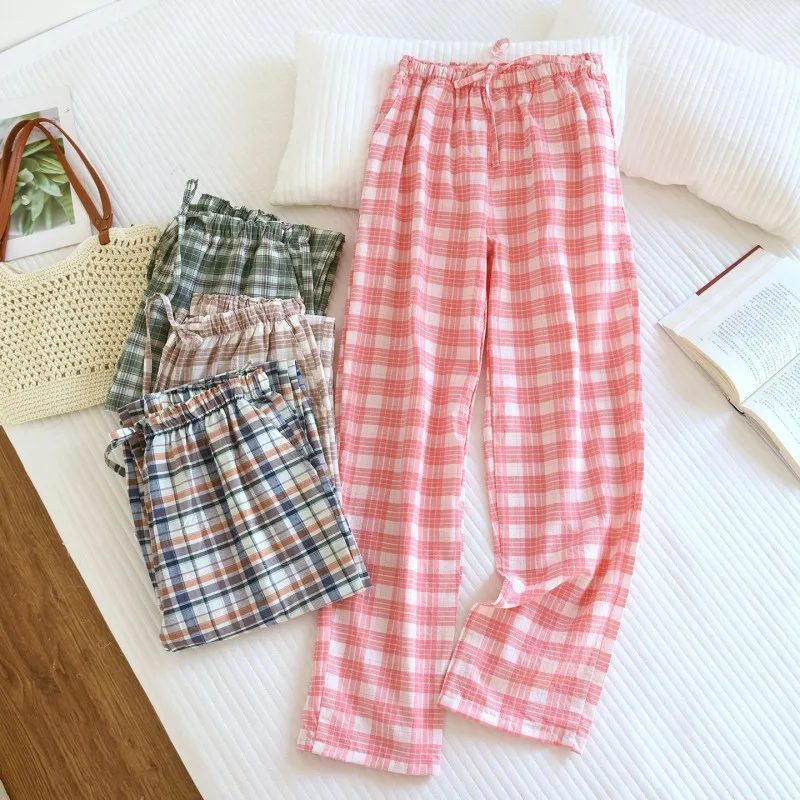 

Весенне-осенние женские штаны для сна из 100% хлопка, женские домашние брюки больших размеров, одежда для дома, брюки, повседневные клетчатые домашние пижамные штаны
