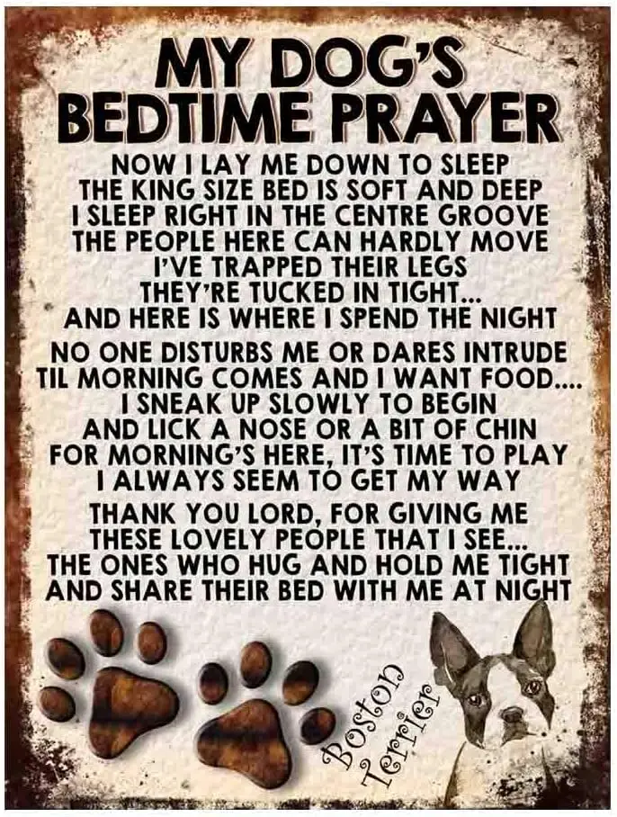 MY Dog's Bedtime Prayer Retro Style Metal TIN Sign/Plaque, Terrier-Boston Terrier, 6