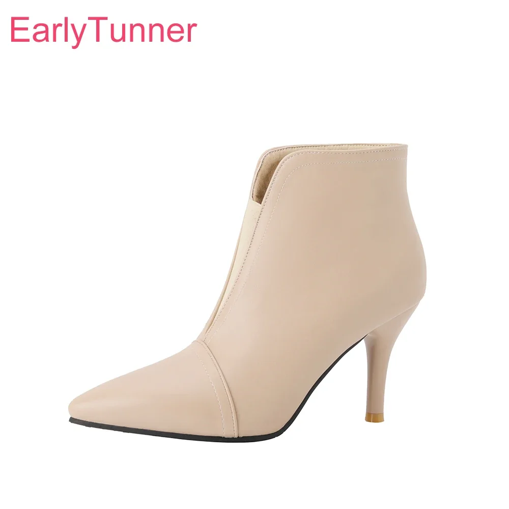 

Зимние удобные бежевые коричневые женские ботильоны, пикантные офисные женские туфли на высоком каблуке, маленькие большие размеры 32, 12, 436, 48