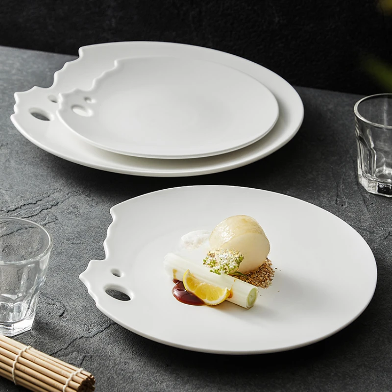 Quejiao Western Food Steak Plate Restaurant Ceramic Tableware Creative Hotel Cold Dish Pan White Artistic Conception Shallowdish