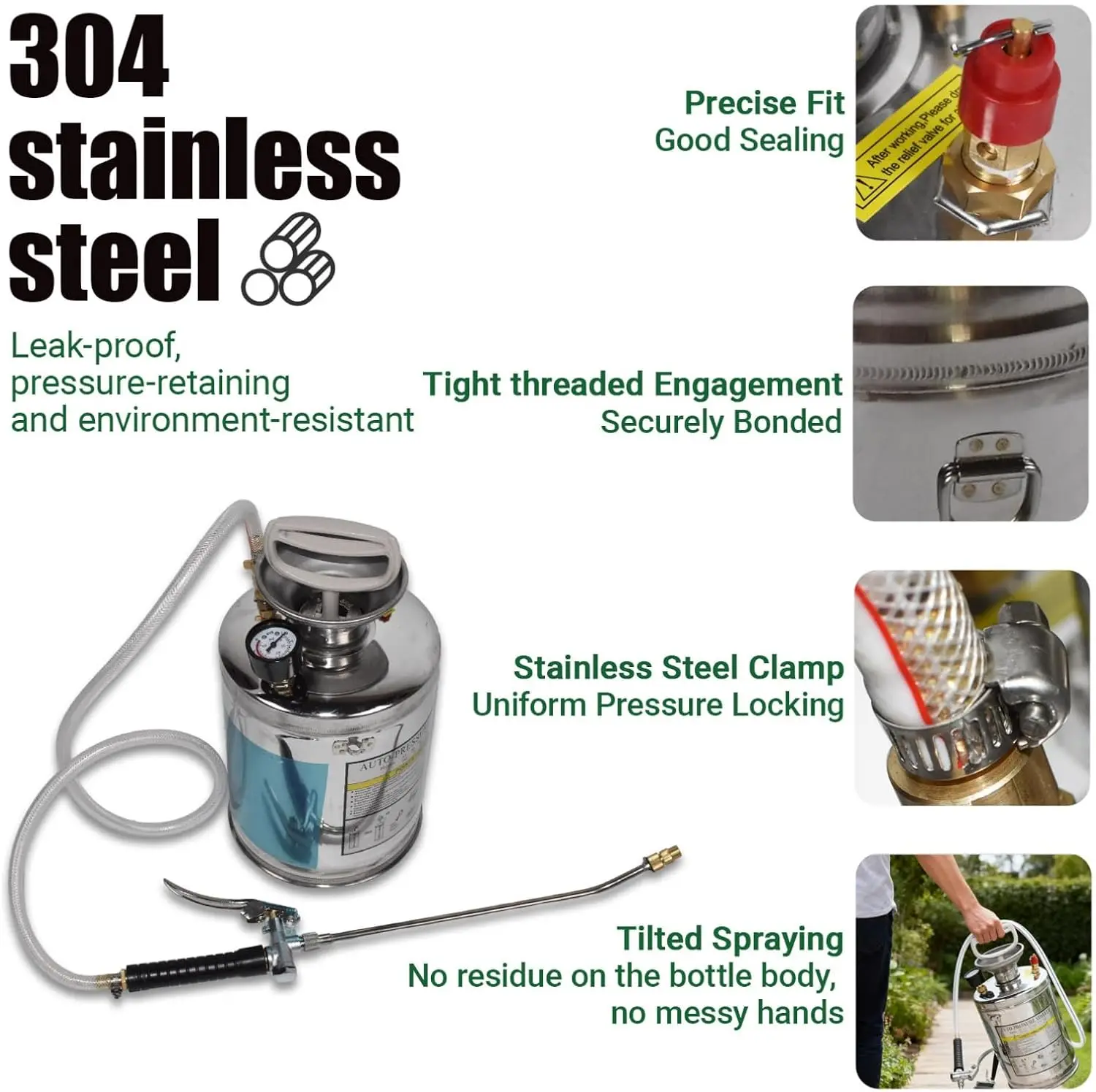 1 Gallon Heavy Duty Stainless Steel Sprayer 5.4L Total/4L Working Volume | 12in Wand, 3FT Hose, Adjustable Nozzle, Hand Pump Spr
