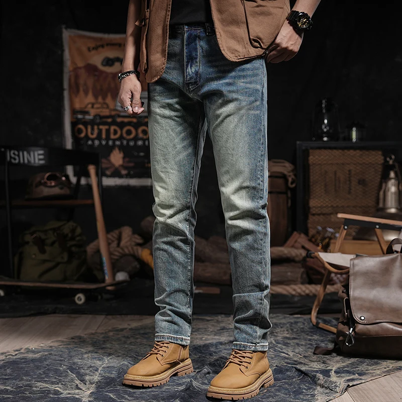 

Американские мужские джинсы прямого кроя из плотного хлопка, винтажные, для активного отдыха, молодежные, трендовые, летние, из смесового хлопка