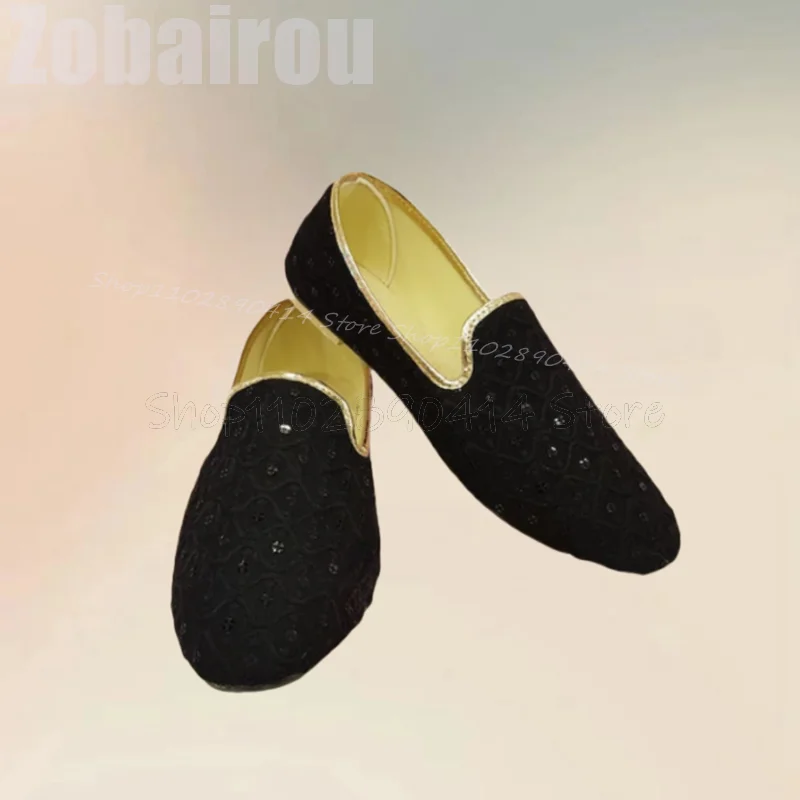 Zwart Geometrisch Ontwerp Pailletten Decor Loafers Mode Slip Op Herenschoenen Luxe Handgemaakte Feestbanket Dating Heren Vrijetijdsschoenen