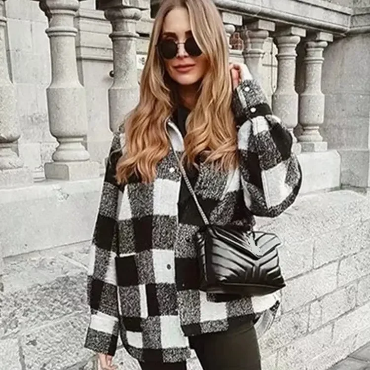 

TEELYNN Black White Plaid Overshirt Jacket for Women 2024 Vintage Autumn Winter Warm Coat Casual Boho Long Sleeve Tweed Outwear