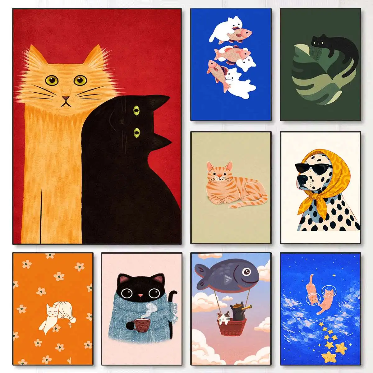 Watercolor Kittens Print Cat and Plant Poster Wall Art Leisurely Cute Kitty Canvas Painting Living Room Bedroom Home Decor