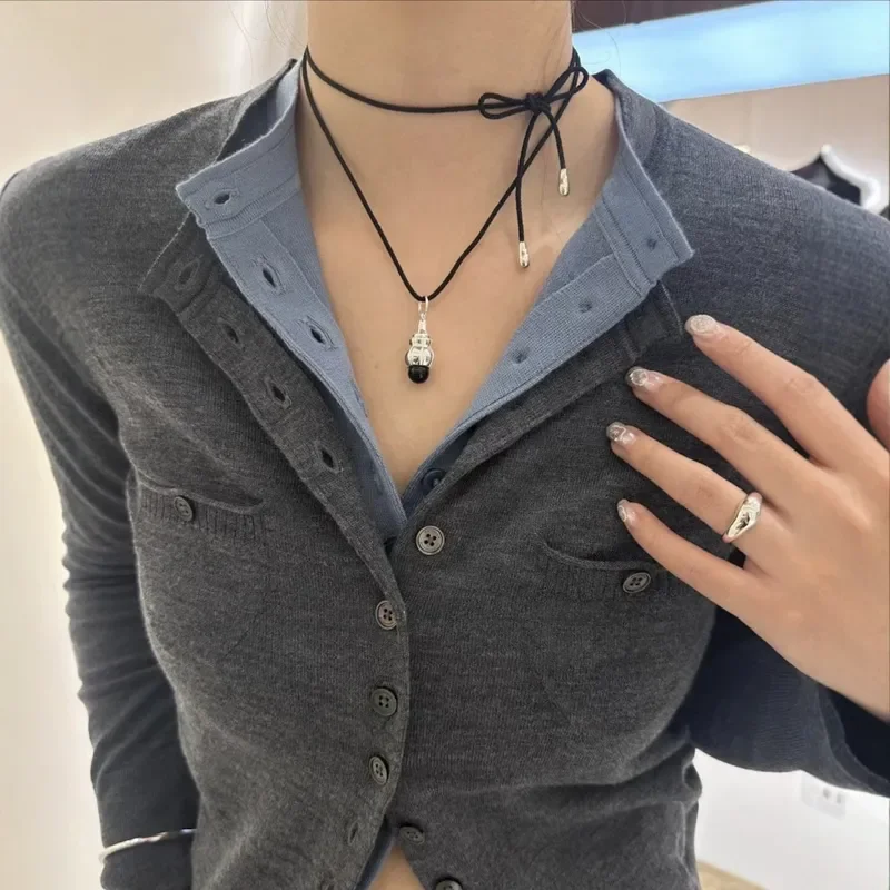 Korean simple black agate/white crystal sweater chain female niche cold wind premium special-shaped long necklace