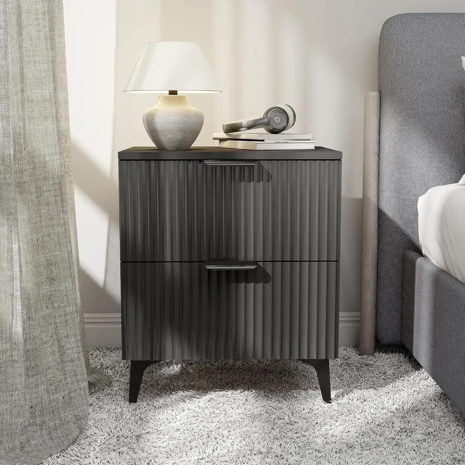 DSA Bedroom Black Bedside Table Grooved Drawer Bedside Table Furniture with Gold Metal Feet