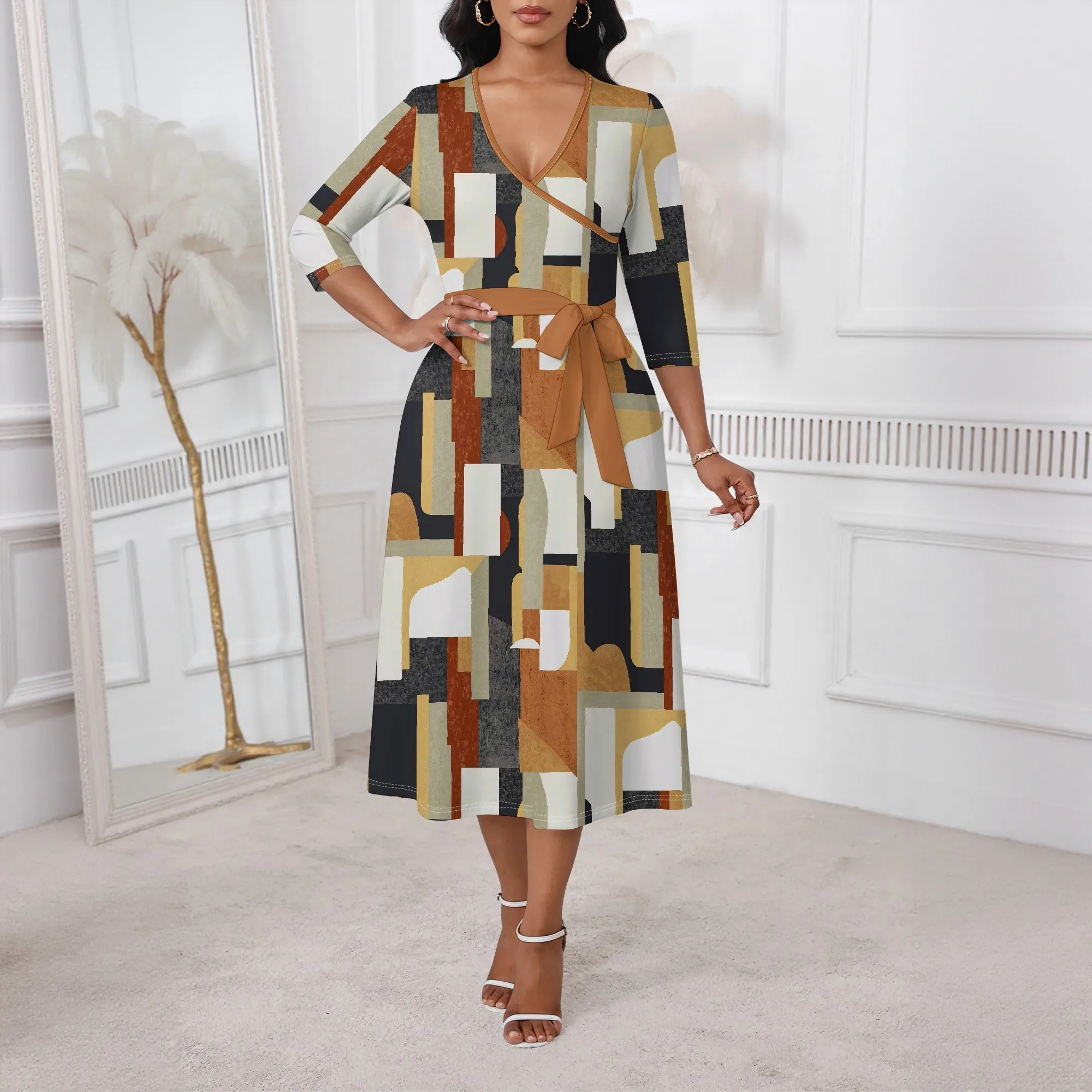 

Women's V-Neck Printed Wrap Dress with Belt and Pockets Polyester Long Sleeve Casual Fall Elegant Chic