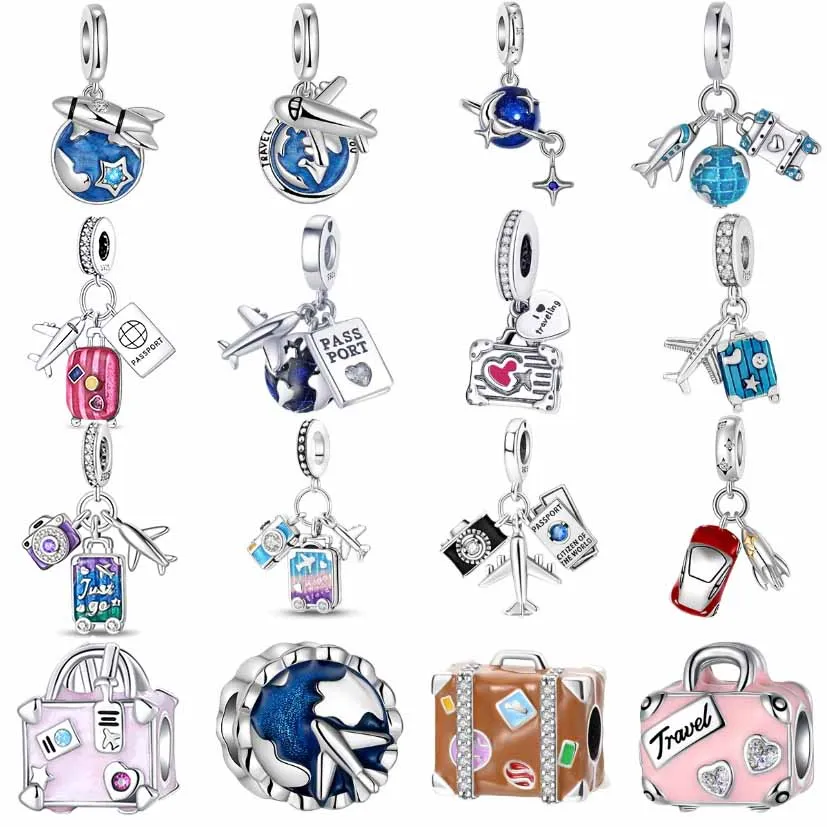 925 スターリングシルバー航空機ロケット地球荷物カメラチャームフィットブレスレットネックレス装身具 Diy 女性ジュエリー