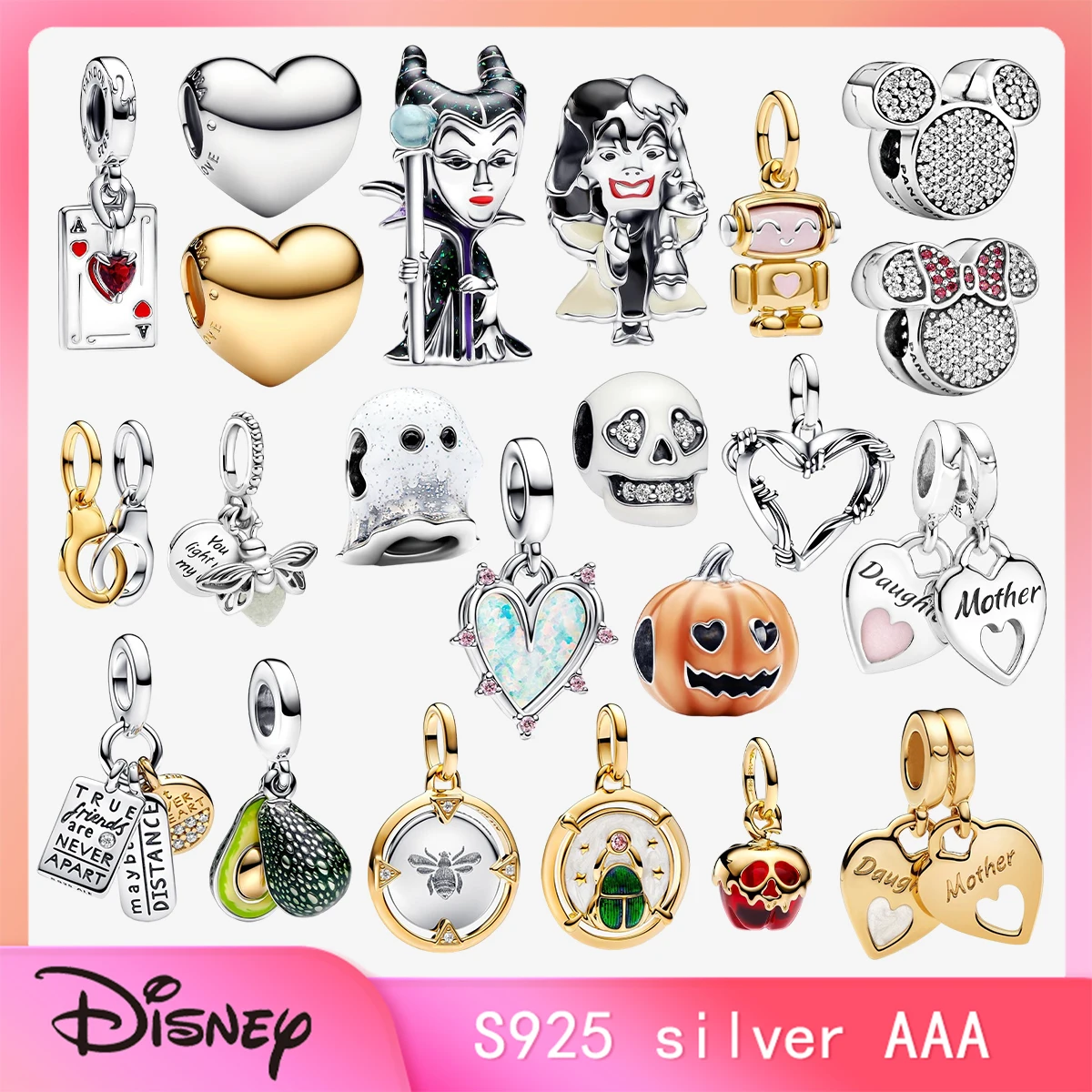 Hot Sale 2024 New S925 Silver Panjia Disney Series Charm Opalescent Double Dangle Charm Be Love Heart Charm Women's Jewelry