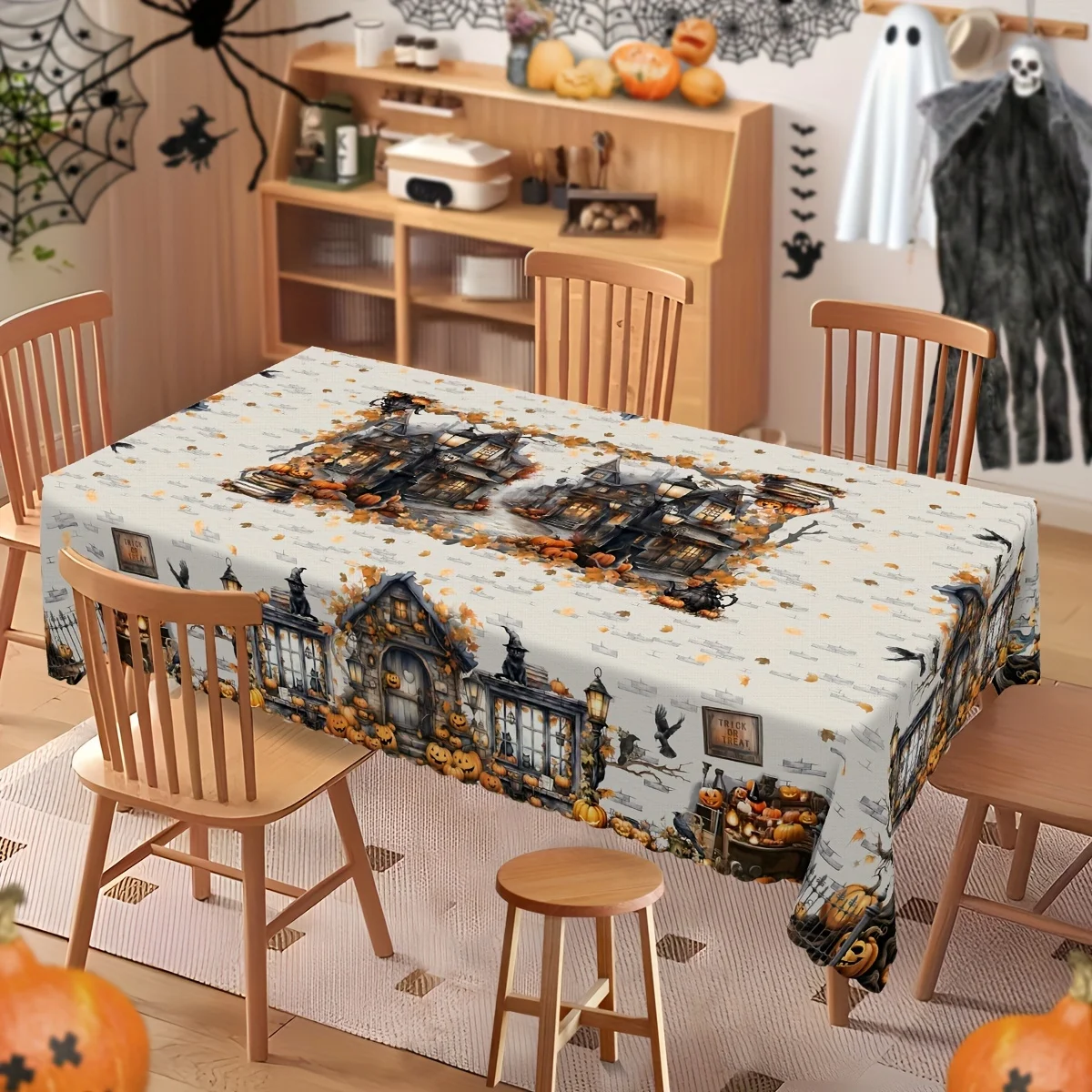 One rectangular tablecloth, Halloween-themed tablecloth, featuring images of crows, black cats and pumpkinszyc