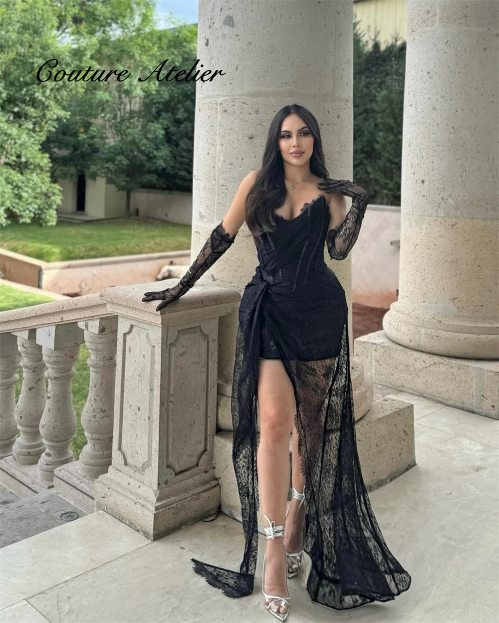 Cool Black Lace High Split Prom Dresses For Blackgirls 2024 With Gloves Black Queen New In Formal Occasion Dress Wedding Gowns