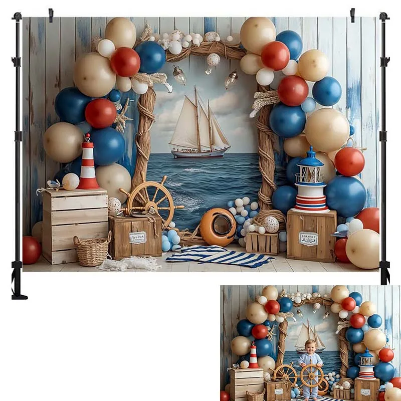 LS Photography Backdrop Blue Sail Shell Beach Decoration Baby Shower Newbron Birthday Party Backgrounds For Photographs