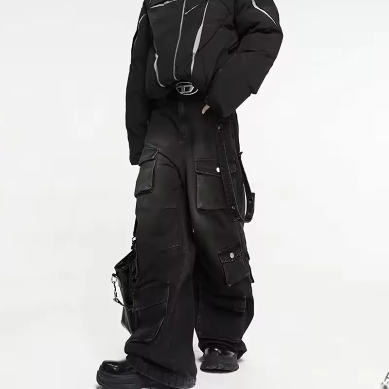 

Multi-Pocket Casual Jeans Mens Y2K High Street Denim Pants Autumn Trendy Straight Wide-Leg Denim Trousers Hiphop Essentials Pant