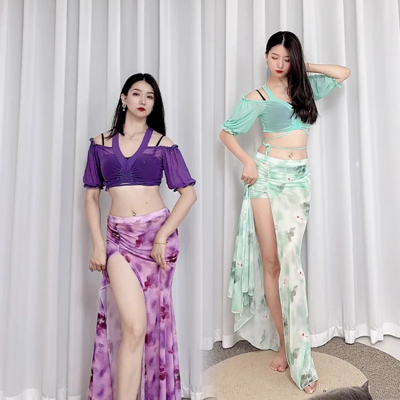 

Customized Oriental Belly Dance Costumes Practice Dress Newly Sprinkle Silver Water Yarn Off Shoulder Top Printed Mesh Skirt